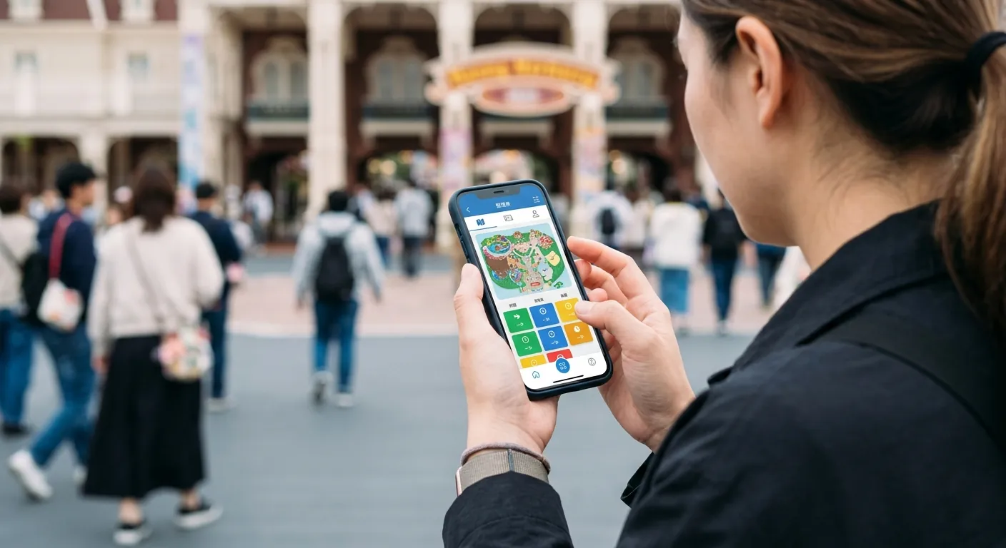 呼應整理券／抽選段，示意入園後用官方 App 卡場次