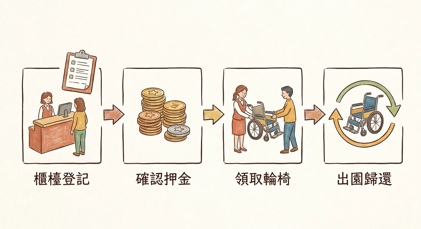 讓讀者一眼看懂租借輪椅的現場流程